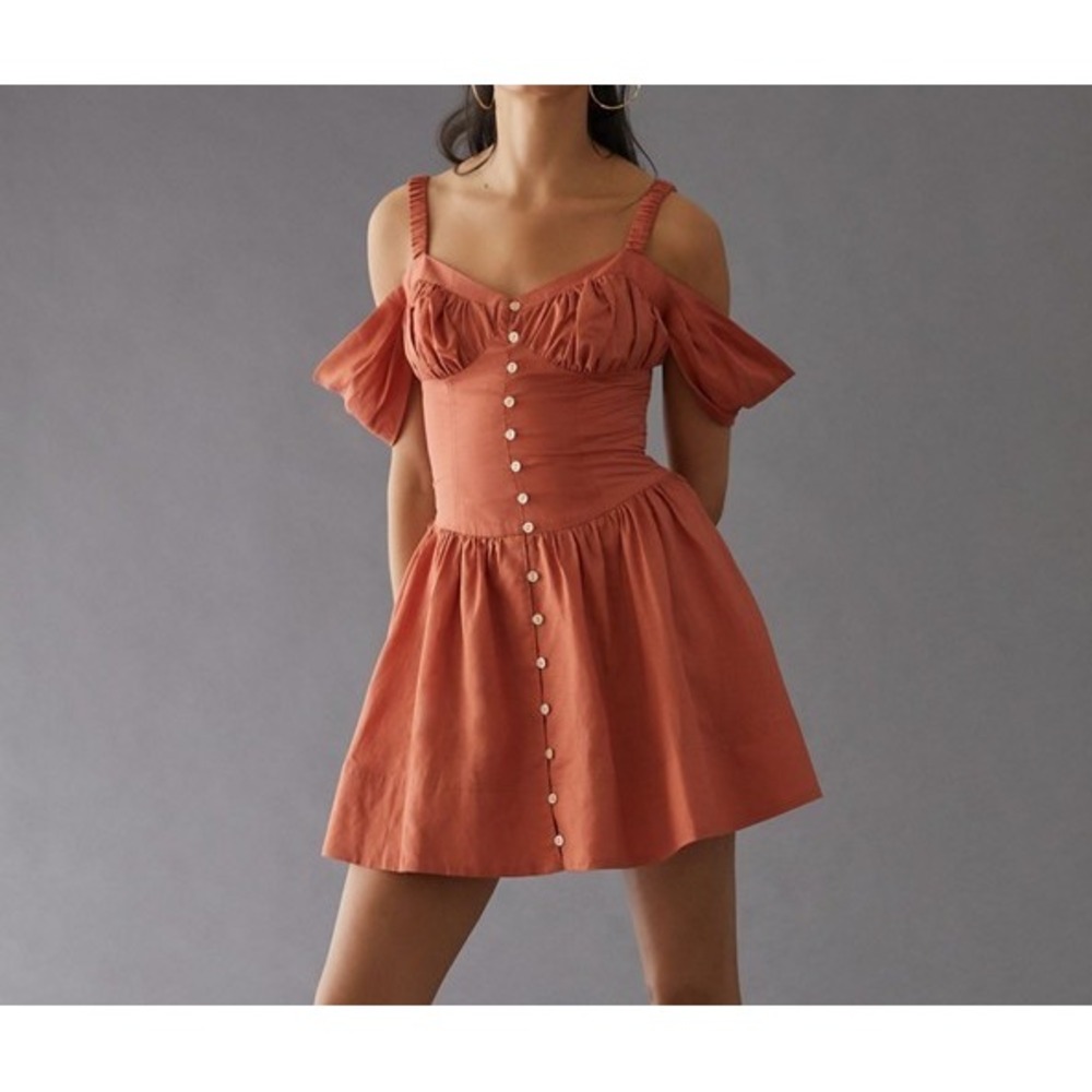 Anthropologie Off The Shoulder Linen Mini Dress in Canyon Burnt Orange Size M